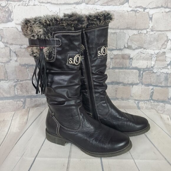 S.Oliver Winter Tall Leather Boots Lined Fauz Fur Size 38 US 7 - Picture 1 of 16